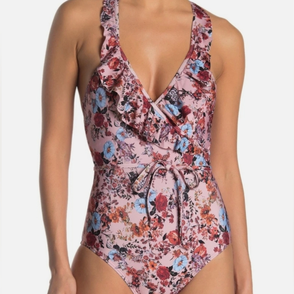 Ella Moss Floral Ruffle V-Neck One-Piece Swimsuit